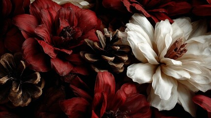 Close-up of richly textured, colorful faux flowers and pine cones, capturing detail