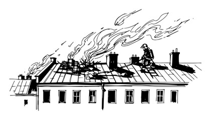 Obraz premium person on a burning roof during a city bombing in ww2