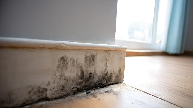 Mold growth infesting the baseboard of the house with high humidity. The fungus damages the walls and the hardwood floor. The growth of mold endangers respiratory health.