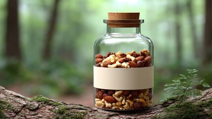 A jar of nuts is sitting on a mossy tree branch. The jar is half full and contains a variety of nuts, including almonds, cashews, and walnuts. Concept of nature and the outdoors
