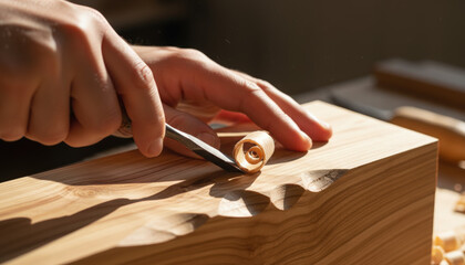 Skilled artisan carving wood with a chisel in a workshop setting