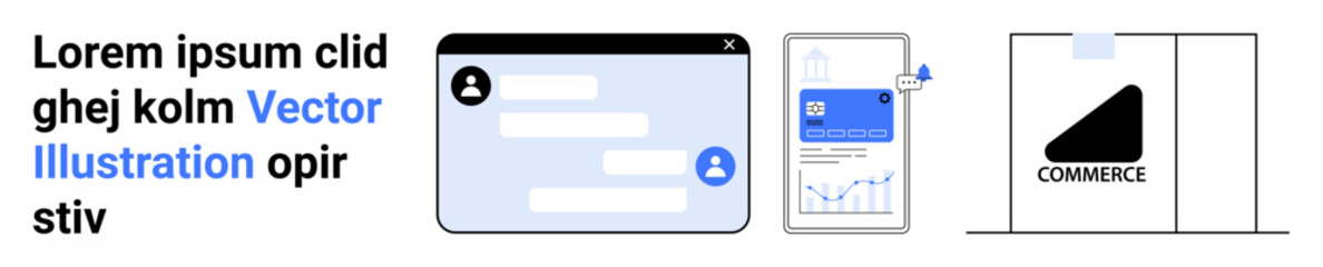 Fototapeta premium Digital transactions, online shopping, messaging apps, social media interaction, user interface design, internet security. Chat window, phone payment and e-commerce package. Digital transactions