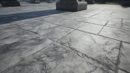Close-up view of weathered stone tiles on a large outdoor structure's surface. Pillars in background