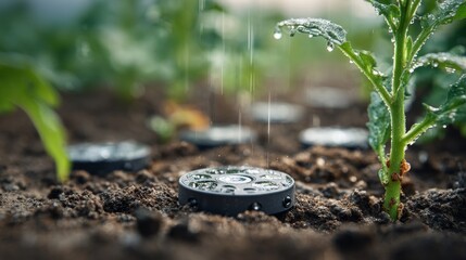 Close up of advanced soil sensors measuring moisture levels in modern agriculture technology