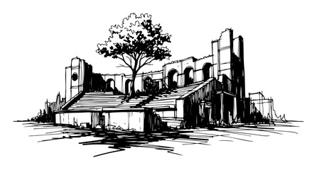 Obraz premium ancient ruins of a temple with a tree growing inside sketch