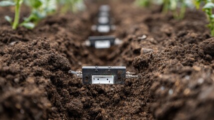 Close up of smart soil sensors measuring moisture levels in modern agriculture technology