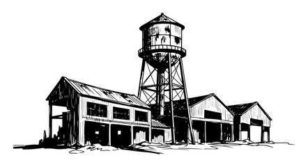 old farm or industrial buildings with water tower sketch © Mago
