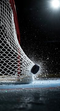 An ice hockey puck powerfully strikes the white net, sending a dramatic spray of ice and water particles across the dark, spotlight-illuminated rink.