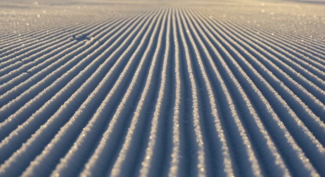 Perfectly groomed white snow on a pristine ski slope at sunrise, featuring crisp parallel corduroy patterns illuminated by warm golden light and casting long shadows.