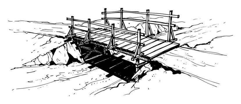 temporary wooden bridge over a chasm vector sketch