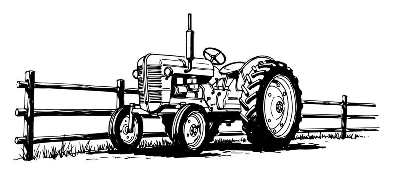 vintage farm tractor parked by a wooden fence sketch