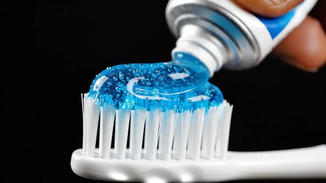 Squeezing blue gel toothpaste onto a white toothbrush for daily oral hygiene routine dental care