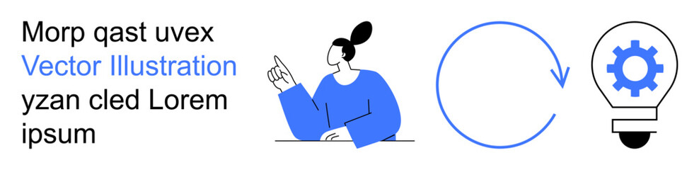 Business strategy, workflow optimization, innovation, decision-making, creativity, process improvement. A person gestures towards a circular arrow and lightbulb with gear. Innovation and workflow