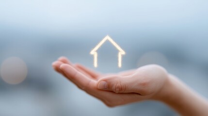 Hand Holding Glowing House Symbol. The concept of buying real estate, housing.