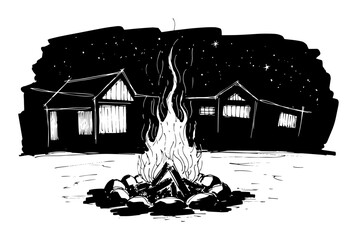 campfire at night in a camp under starry sky sketch
