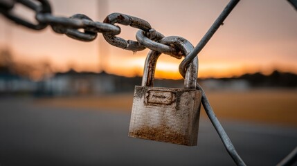 Close-up of rusty lock and chain on a fence at sunset, blurred background