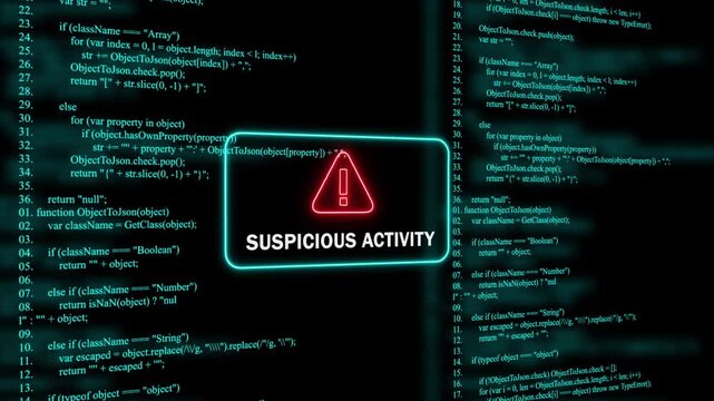 Red Exclamation Mark Warning Symbol suspicious active  Neon Sign on cyan Digital Code Background with Glitch Effect