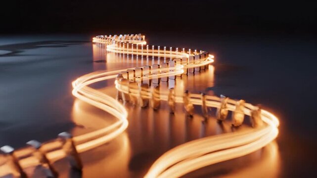 Domino effect chain reaction glowing light dark background