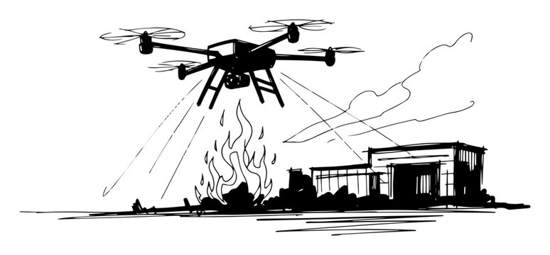 firefighting drone spraying water on ground fire vector shape silhouette