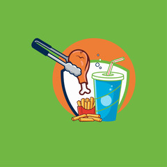 Fried chicken with fries and juice, Fast food shop icon logo flat vector design