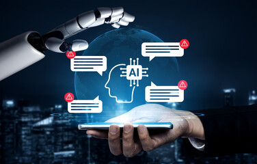 A digital representation of a human hand and a robotic hand interacting with a globe, showcasing artificial intelligence communication and technology advancements in our modern world. Gantry