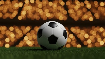 A classic soccer ball rests on a patch of green grass with an out-of-focus background of warm bokeh lights
