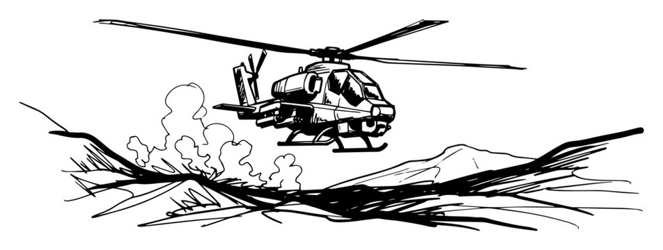 military attack helicopter in action vector monochrome shape