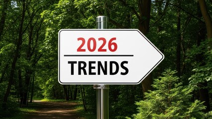 2026 trends signpost pointing right in a lush green forest setting