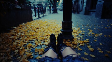 Feet resting on a sidewalk covered in fallen leaves, street lights in the blurred background