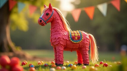 Horse standing among eggs in a colorful landscape