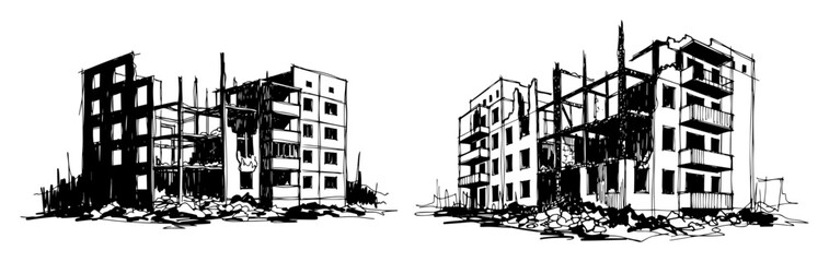 Fototapeta premium war destroyed ruined apartment buildings vector shape silhouette