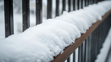 A thick blanket of snow coats the top of a wooden railing, creating a serene winter scene. The dark, vertical metal bars behind the railing provide a contrast.