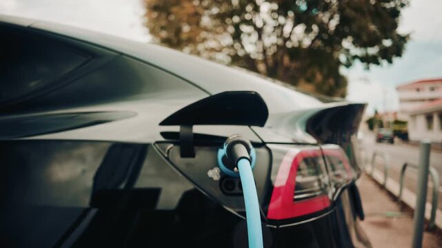 Close up view of a charging plug connected to a sleek black electric car