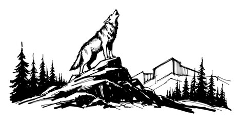 howling wolf on rocky hill with forest vector shape silhouette © Mago