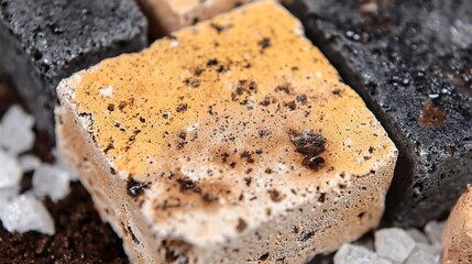 Close-up of square, textured blocks with varying colors, appearing on granular surface
