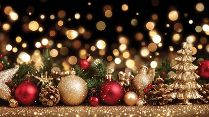 Festive holiday decorations with red and gold ornaments, pine needles and bokeh background