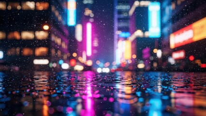 Rainy night city street with neon lights reflection on wet pavement