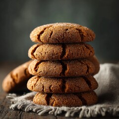 Close-up of stack of five sugar-coated cookies on a textured linen cloth, wooden surface