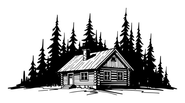 log cabin in pine forest landscape vector shape silhouette
