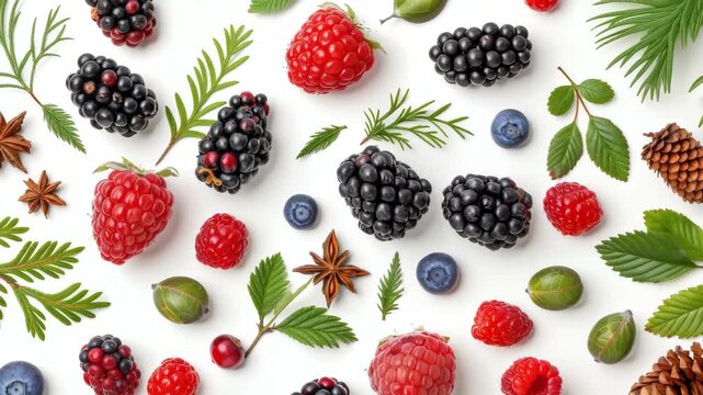 Seamless looping animation of various fresh berries and christmas spices. Healthy eating and winter holiday food concept background
