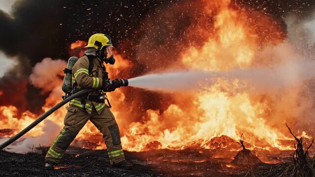 Firefighter actively extinguishing large blaze with water hose emergency scene professional occupation