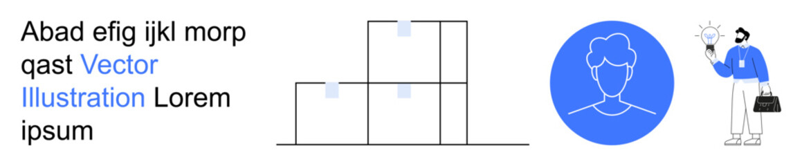 Creativity, problem-solving, teamwork, user profile, digital identity, data. Scene with geometric shapes, profile icon person holding a lightbulb. Creativity and problem-solving concept