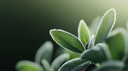 A close-up shows green leaves rimed with frost. The sunlight highlights the icy edges against a soft, dark background, marking the transition of seasons. Delicate and ethereal.