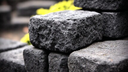Close-up of stacked, dark gray, textured stones forming a wall, with blurred background foliage