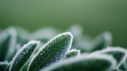 Close-up of frost-kissed green leaves, showcasing the delicate beauty of winter. The crisp air and the magical touch of ice crystals create a serene and enchanting scene.