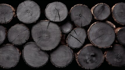 Close-up of stacked charcoal-colored logs showing intricate growth rings against a black backdrop