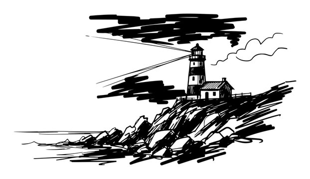 lighthouse on rocky cliff sketch vector