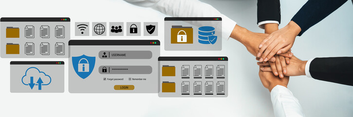 Secure login and file management interface with folder, password, and encryption icons for cybersecurity visualization Parse