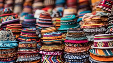 Close-up of stacked, vibrantly colored hand-woven hats for sale, showcasing texture and patterns