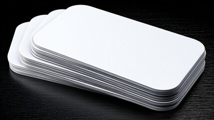 Close-up of stacked white rectangular cards with rounded corners on a dark wooden surface